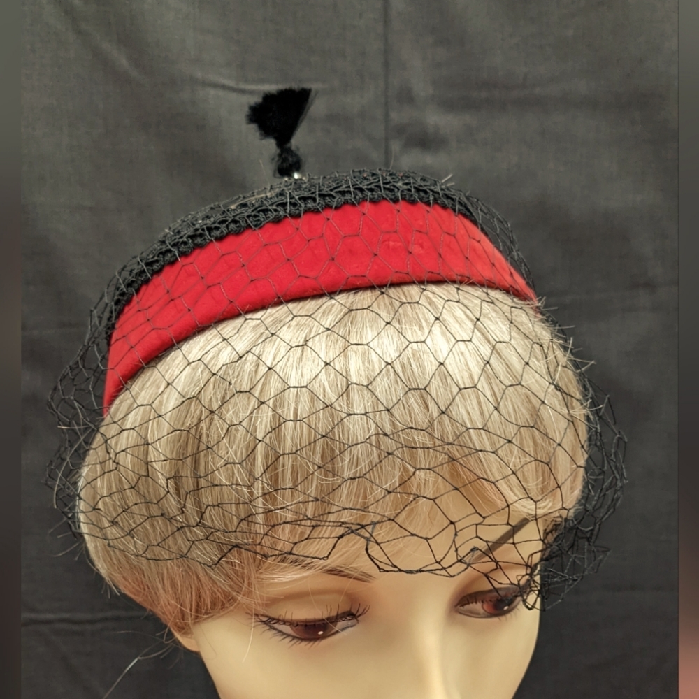Red 1960's Open Top Pillbox/ Lika Cap, Black Net & Tassel